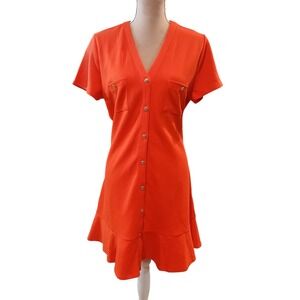 Free Assembly L Women Orange Red V-Neck Gold Button Front Ruffle Mini Dress New